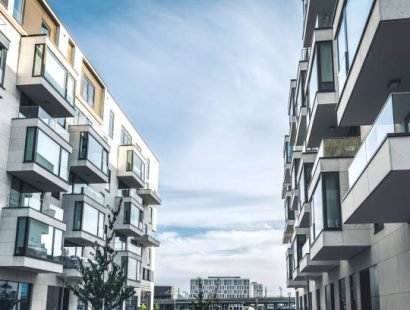 modern cubic residential and business architecture with balconies in berlin in late afternoon sun